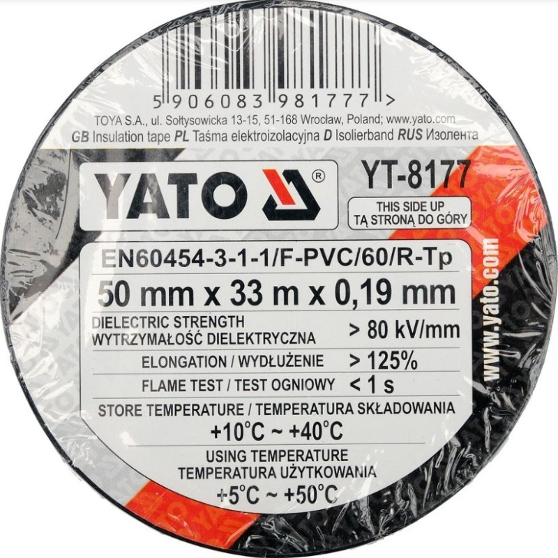 Ruban isolant électrique 50mmx33m noir YATO YAT YT-8177