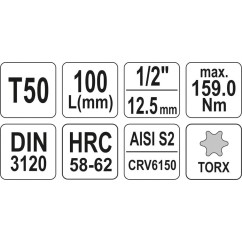 Clé torx 1/2 t50 l100mm YATO YAT YT-04326